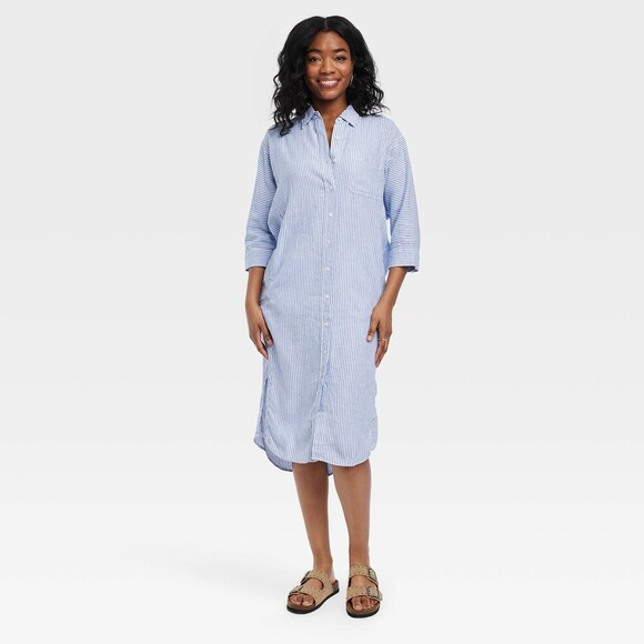 Universal Thread Dresses & Skirts - NWT Linen Blend 3/4 Sleeve Midi Shirtdress Pockets Coastal Cover Up Sz L